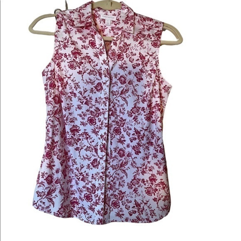 NWT Charter Club deep pink & white toile summer sleeveless button down blouse